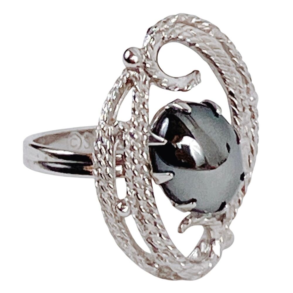 Signed Sarah Coventry Vintage Ring Hematite Glass Cabochon Silver Tone Size 7.5